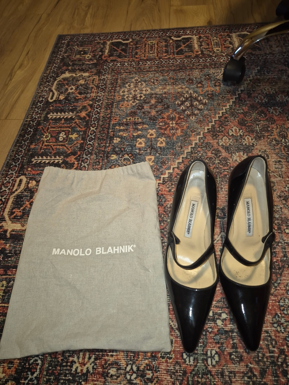 Manolo Blahnik Black Patent Leather Pointed Mary Janes